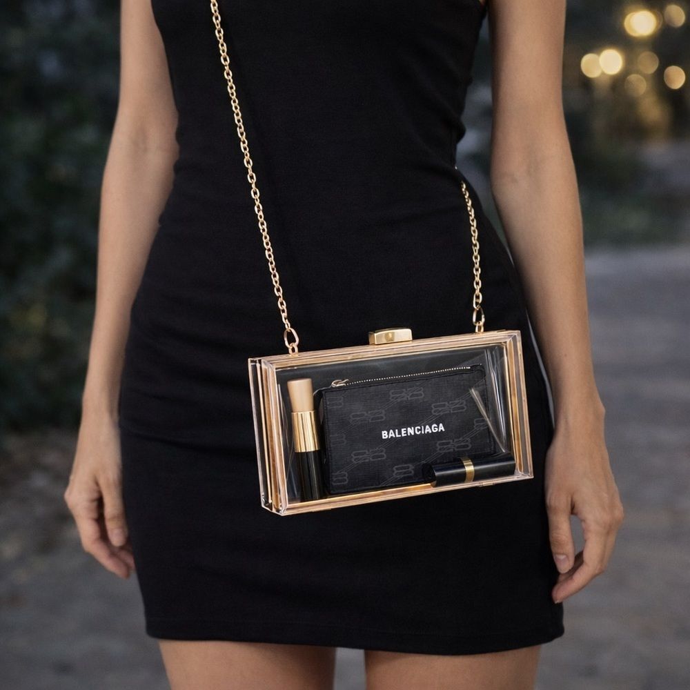 Clear Acrylic Box Crossbody Bag – Gold Chain Strap – Evening Statement Piece